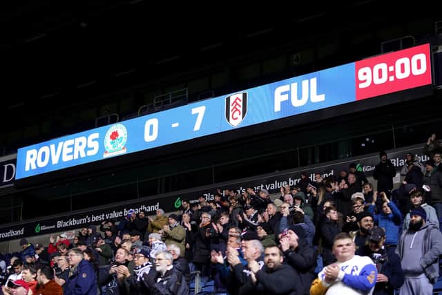 The scoreboard showing the final score of 7-0 during the Sky Bet Championship match between Blackburn Rovers and Fulham at Ewood Park. Tim Goode/PA Wire.