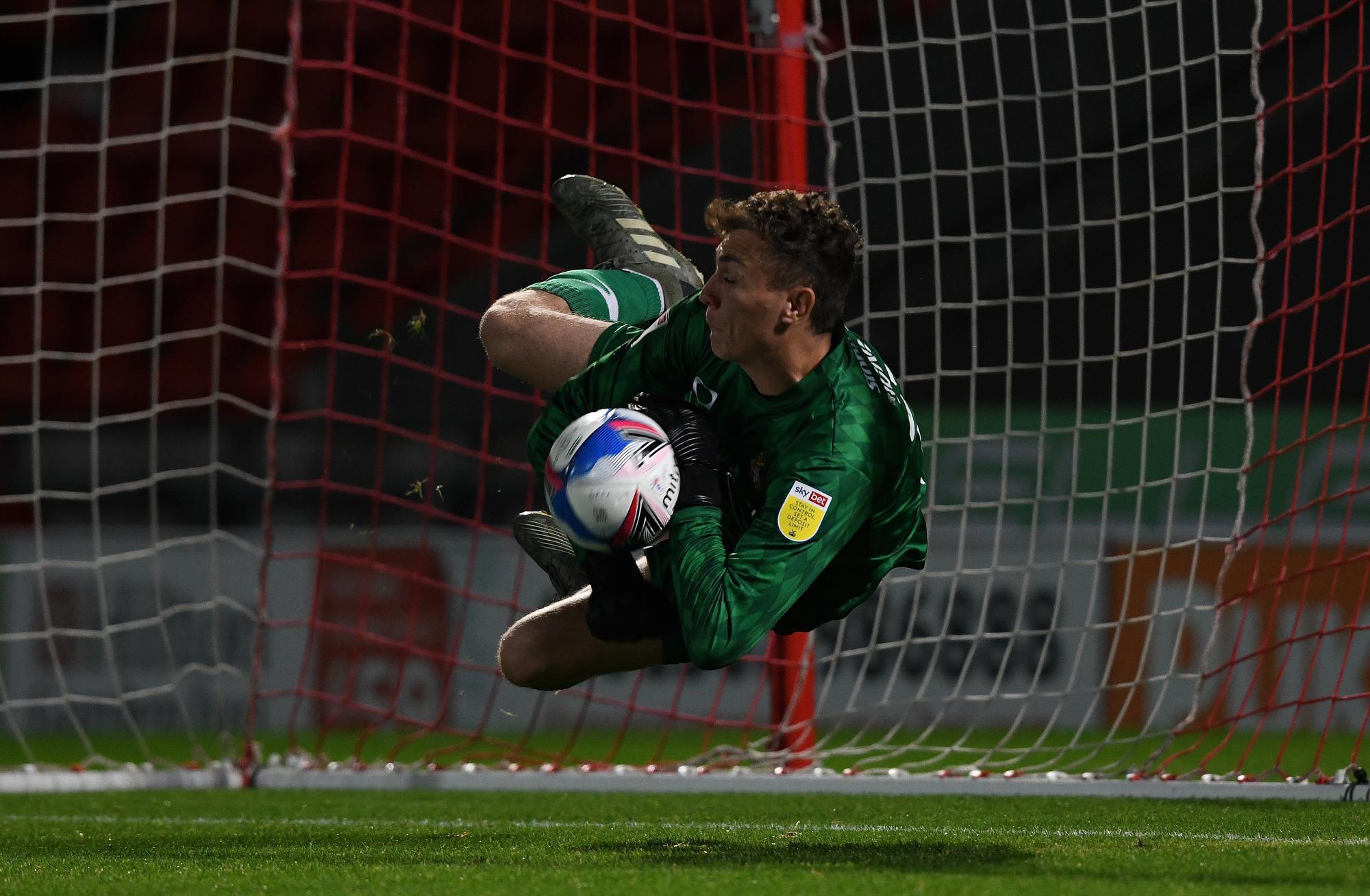 Louis Jones makes his penalty save to help Rovers on the way to their bonus point triumph. Picture: Howard Roe/AHPIX