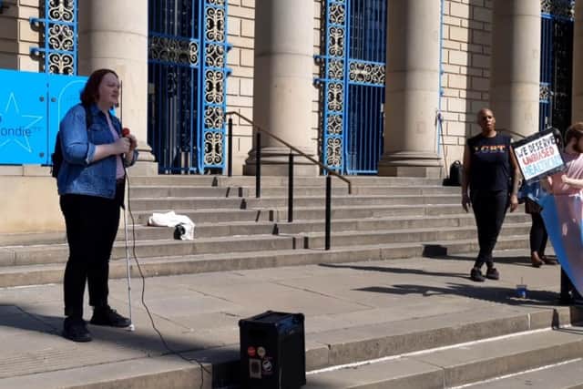 Martha Foulds addresses the transgender rally on the steps of Sheffield City Hall. The rally was calling for a ban on conversion therapy on transgender people