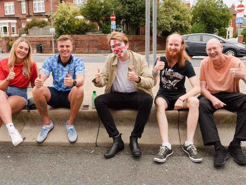 Shelby Canberra, Micky Foxhall, Lloyd Crichett, Jamie Howard and Dave Griffiths wait outside the Fat Fox Pub. Picture: Keith Woodland (110721-3)