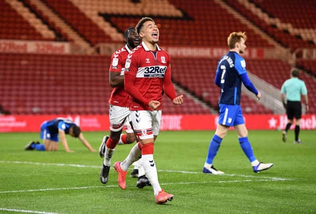 Marcus Tavernier of Middlesbrough celebrates after scoring his side's second goal against Preston.