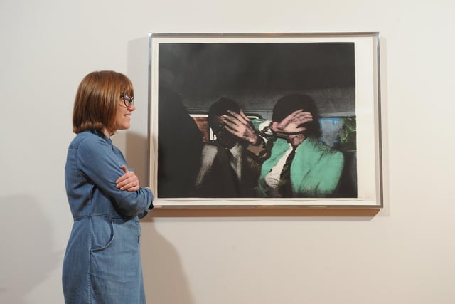 It Moves Forward – The Work of Richard Hamilton, at the Graves Gallery in 2019, contained more than 30 works spanning the breadth of the pop art pioneer's 70-year career. His 
screenprint and collage Release, dated 1972, is shown - it depicts Mick Jagger being arrested for drugs offences in 1967.