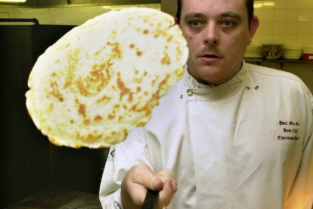 Paul MacNeil chef at the Charnwood  Hotel,Sheffield, tossing a pancake in 2001