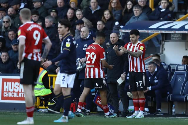 lliman Ndiaye is substituted for Morgan Gibbs-White during Sheffield United's match at Millwall: Paul Terry / Sportimage