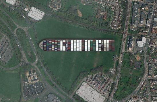 Ever Given fits nicely across these playing fields in Cosham