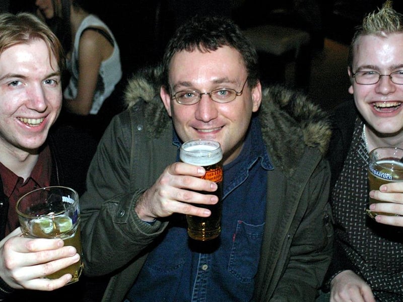 Left to right: Richard Damesin, Tim Robbins and Richard Dixon enjoying a drink at Revolution, Sheffield, in March 2004