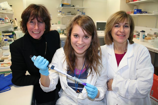 From left, Rachel Thorpe, director of Weston Park Hospital Cancer Charity, with student Thea Rogers and Dr Ingunn Holen, Reader in Bone Oncology Academic Unit of Clinical Oncology, at the University of Sheffield