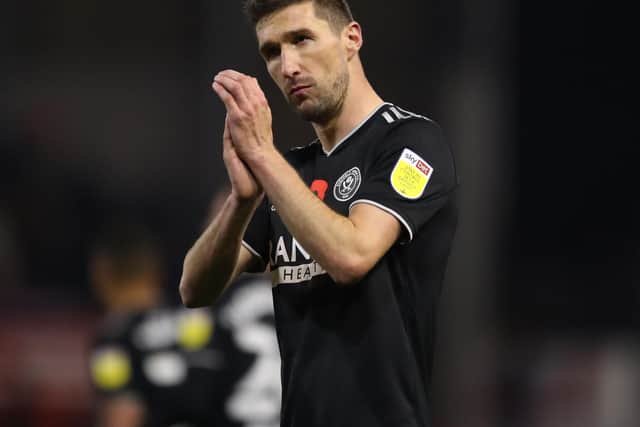Chris Basham of Sheffield United applauds the fans after the draw at Nottingham Forest: Simon Bellis / Sportimage