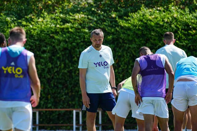 Sheffield United manager Slavisa Jokanovic speaks to his squad during their traijing camp in Spain earlier this summer
