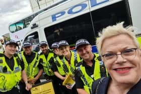 Eddie Izzard poses for a photo with police officers in Sheffield city centre earlier this year. Eddie is one of six candidates for the Sheffield Central Parliamentary seat who signed a joint statement against the 'vitriolic abuse' some had received