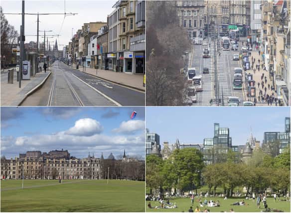 Shots of Edinburgh before and during the Covid-19 lockdown.