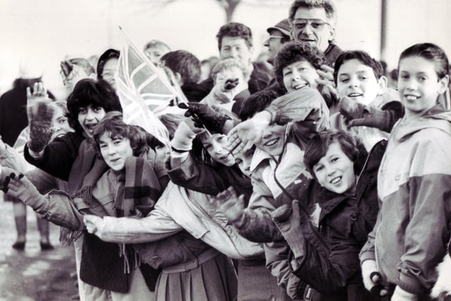 Excited children await the arrival of the Queen at at Doncaster Leisure Centre in December 1986