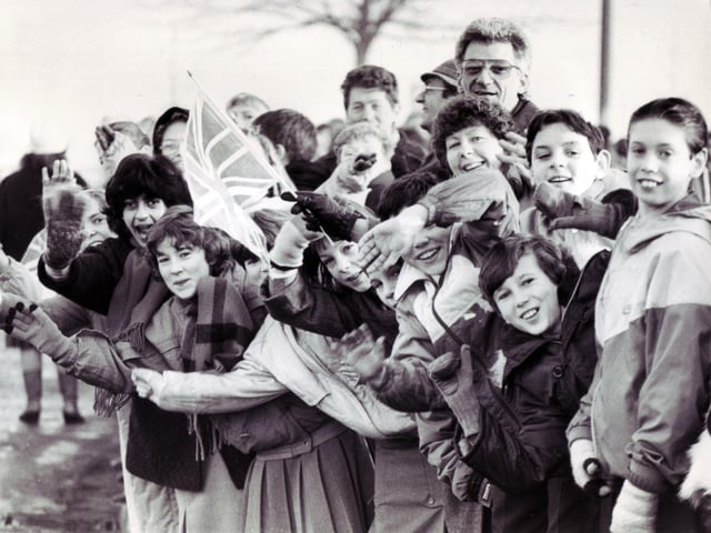 Excited children await the arrival of the Queen at at Doncaster Leisure Centre in December 1986