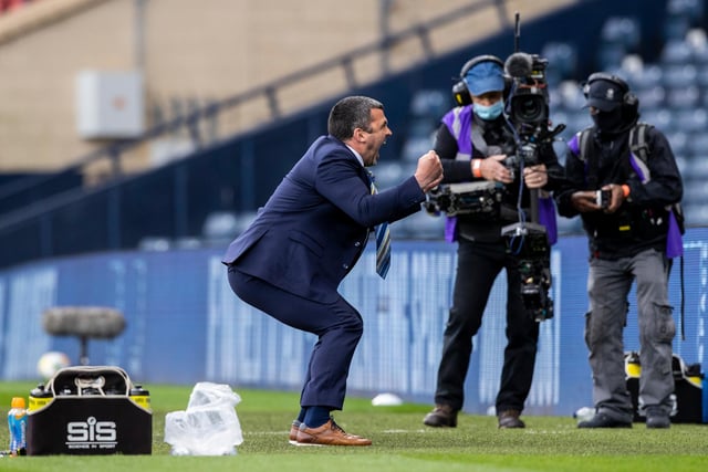 St Johnstone manager Callum Davidson celebrates at full time during the Scottish Cup final match between Hibernian and St Johnstone on May 22, 2021.