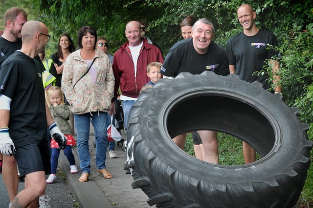 Gym members from RS Total Fitness were pictured on their tyre-flip challenge from Dalton Grange Industrial Estate, along the Stockton Road, to the Mallard Pub to raise funds for Help For Heroes.