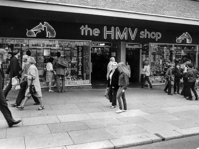 The exterior of the HMV record shop on Pinstone Street, Sheffield - 23rd July 1982. The chain now has a shop on Fargate