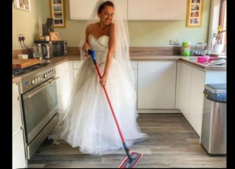 Doncaster Mum, Mindy Waterhouse, cheers up pals by doing various household chores in her wedding dress. The 38-year-old from Wheatley Hills got her dress out for the first time in 11 years to do her housework and cheer up her friends and family.