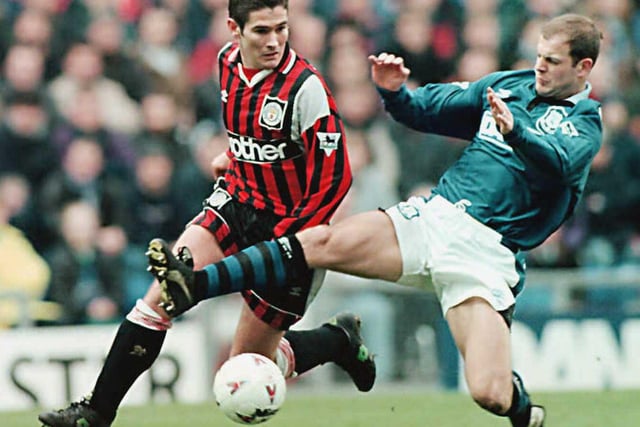 Nigel Clough is pictured in action for Manchester City at Everton. He had joined City for £1.5m, making 39 appearances for the club between 1996 and 1998.
