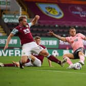 Charlie Taylor of Burnley blocks a shot by Billy Sharp of Sheffield Utd in the last minutes of the game during the Carabao Cup match at Turf Moor, Burnley. Picture date: 17th September 2020. Picture credit should read: Simon Bellis/Sportimage