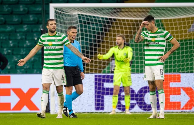 Shane Duffy and Nir Bitton react to Celtic looking a fourth goal against Sparta Prague. Picture: SNS