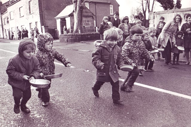 One of the annual Winster near Matlock pancake races through the village, March 6, 1973