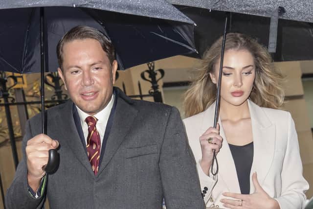 Socialite James Stunt and Helena Robinson arrive at Leeds Cloth Hall Court where he is one of eight defendants on trial over an alleged multimillion-pound money-laundering operation. The former son-in-law of F1 tycoon Bernie Ecclestone is alleged to have been involved with the operation which saw £266 million deposited in the bank account of Bradford gold dealer Fowler Oldfield from 2014 to 2016. Photo by Danny Lawson/PA Wire
