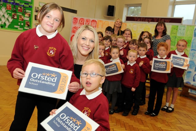 Valley View Primary School council members Chloe Gibson and Finley Somerville join headteacher Gemma Jeynes, to celebrate their Outstanding Ofsted report in 2014.