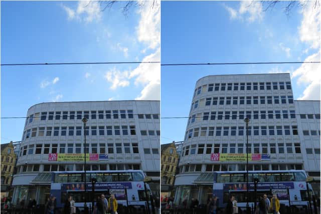 How the former HSBC building at the bottom of Fargate looks now (left) and as it would look with an extra two floors (right)