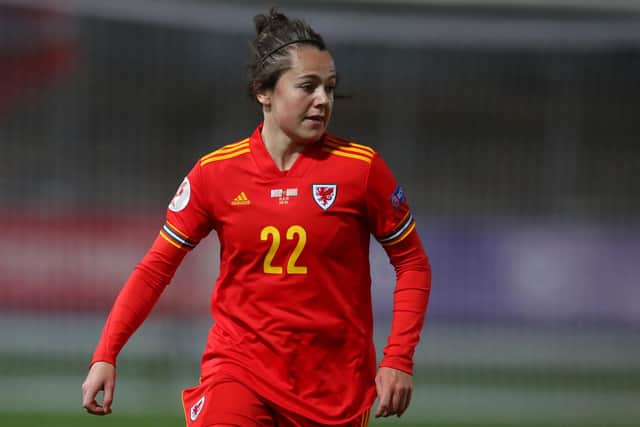 Georgia Walters of Wales during the UEFA Women's EURO 2022 Qualifier between Wales and Belarus at Rodney Parade on December 01, 2020 in Newport, Wales. (Photo by Catherine Ivill/Getty Images)