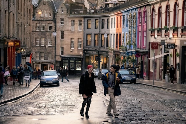 This shot of the shooting of Our Ladies on Victoria Street shows professionals in action on one of Edinburgh's most famous streets. You could also argue that Victoria Street featured in many of the Harry Potter films, providing the inspiration for Diagon Alley. Among others, the steep street was also the scene of a dramatic motorbike chase in Restless Natives.