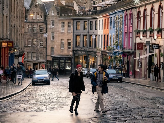 This shot of the shooting of Our Ladies on Victoria Street shows professionals in action on one of Edinburgh's most famous streets. You could also argue that Victoria Street featured in many of the Harry Potter films, providing the inspiration for Diagon Alley. Among others, the steep street was also the scene of a dramatic motorbike chase in Restless Natives.