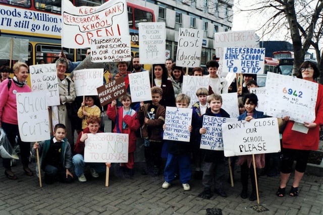 Parents, teachers and pupils protest against the proposed closure of Meersbrook Bank Junior School in June 1993