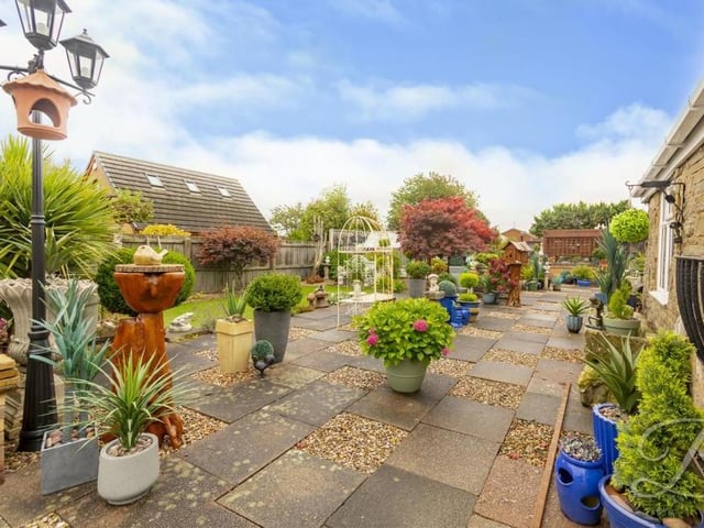 A wider shot of the rear garden. It is littered with decorative shrubs, while a fence ensures it is fully enclosed.