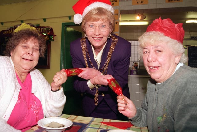 The Mayor of Doncaster, Councillor Yvonne Woodcock, pulled a cracker with Elsie Walters, left, and Emily McGarry and joins them at the pensoners' Christmas dinner at Sandall Park Cafe in 1998
