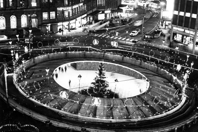 Christmas illuminations and the Christmas tree in the 'Hole in the Road' in Sheffield in 1967