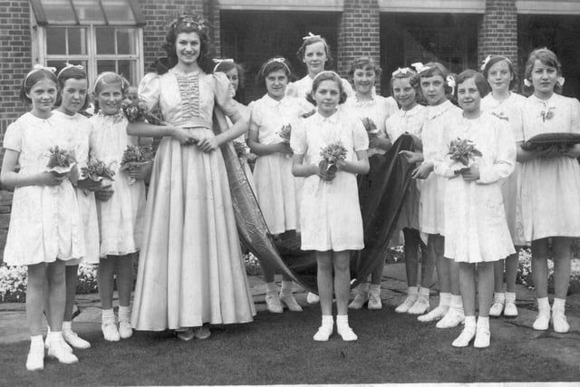 Wisewood Senior School May Day 1941 where Joan Wrigley, Queen Bluebell and her Maids of Honour including Iris Bee, Patricia Fields, Dorothy Parker, Betty Spencer, Muriel Pearce, Jean Walton and Freda Leggett were pictured in the garden of Wisewood School.