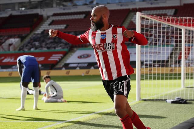 David McGoldrick celebrates his second goal during Sheffield United's 3-0 win over Chelsea, which was followed by a defeat at Leicester City. Chris Wilder's team face Everton next in the Premier League: Simon Bellis/Sportimage