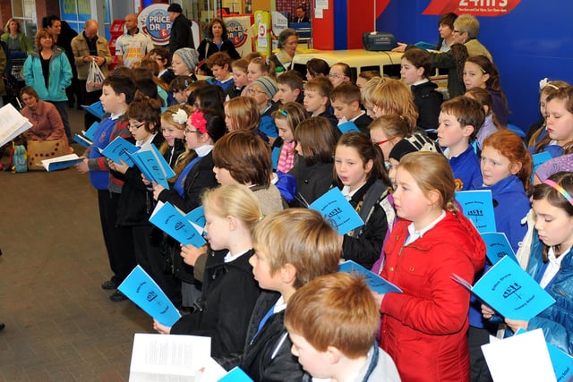 Pupils from Eldon Grove  Primary School singing at Tesco Extra, Burn Road. Can you recognise anyone you know from this 2011 scene?