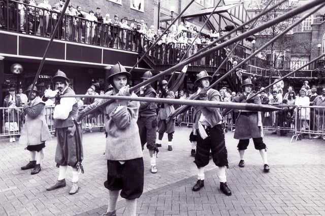 John Bright's Regiment of Foote put on a display in Orchard Square, Sheffield in July 1988