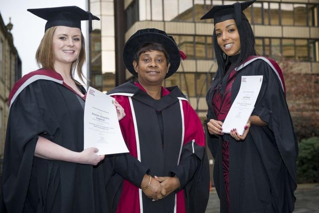 Anti-racism campaigner Baroness Lawrence, centre, meets students Roseanne Dalgleish, left, and Leah Dennall, from Sheffield, who won the Dean's Prize for her voluntary work contributions during university. Baroness Lawrence, the mother of murder victim Stephen Lawrence, was receiving an honorary doctorate from Sheffield Hallam University in 2013