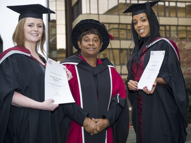 Anti-racism campaigner Baroness Lawrence, centre, meets students Roseanne Dalgleish, left, and Leah Dennall, from Sheffield, who won the Dean's Prize for her voluntary work contributions during university. Baroness Lawrence, the mother of murder victim Stephen Lawrence, was receiving an honorary doctorate from Sheffield Hallam University in 2013