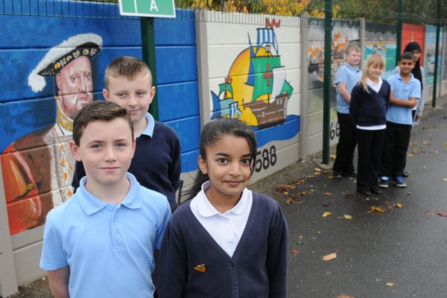 Laygate Community School Year 6 pupils with the school's new history timeline in 2013.