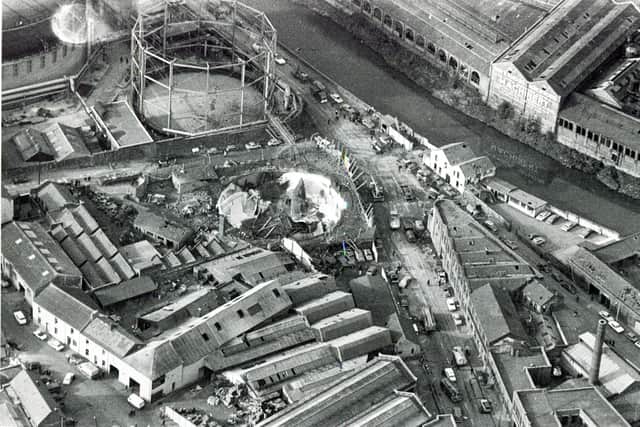 An aerial view of the aftermath of the explosion at Effingham Street Gas Works, Sheffield in October 1973 that damaged properties in a quarter-mile radius. Six workers were killed and many were injured
