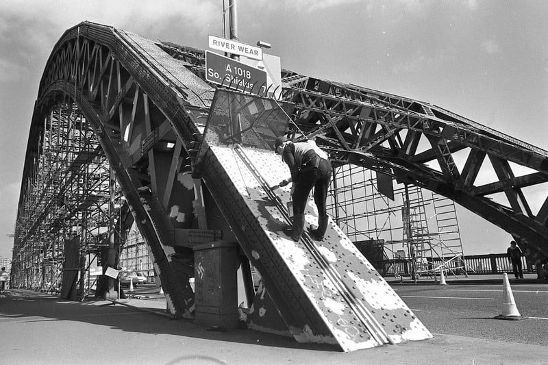 Sunderland's most prominent landmark was getting a lick of paint in this scene at Weasrmouth Bridge in 1991.