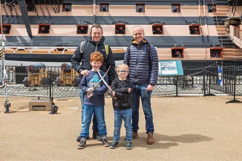 Ross Worboys (42) with son Max (7) visited the Historic Dockyad for Max's birthday, accompanied by Andrew Bailey (42) and son Theo Bailey (7). Picture: Mike Cooter (220521)