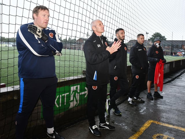 Davie Binnie, goalkeeping coach; Davie Irons, manager; Tony Tompos, new physio; Kevin McGoldrick and assistant manager; Stuart Orr, Head kitman.