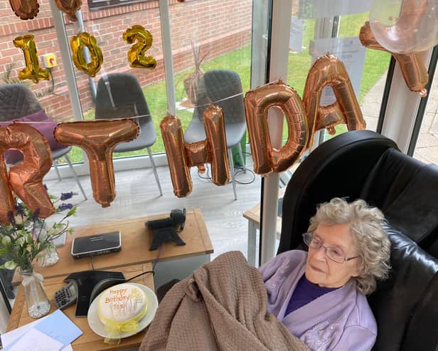 Jean Myers, a resident at Northfield nursing home in Sheffield, has celebrated reaching 102 today with a birthday ‘pod party’ at the home's visitor pod.