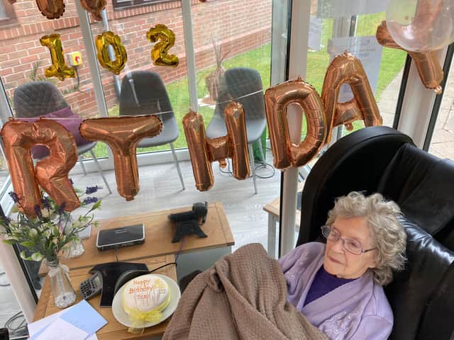 Jean Myers, a resident at Northfield nursing home in Sheffield, has celebrated reaching 102 today with a birthday ‘pod party’ at the home's visitor pod.