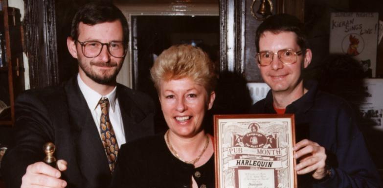 From left Matthew Evans, Ward's Brewery's senior business development manager, licensee Linda Greatorex and Andy Morton former chairman of Camra all at The Harlequin back in 1997