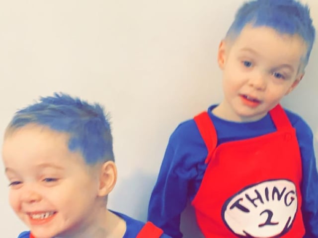 Mason and Logan Murphy 4 dressed as Thing 1 and Thing 2 from Cat in the Hat for World Book Day.